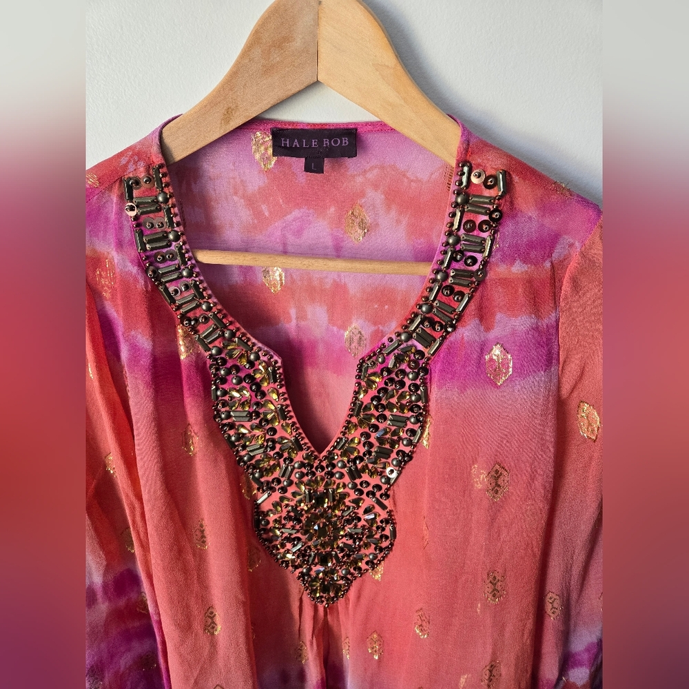 HALE BOB Pink Semi-sheer Silk Blouse With Beaded Neckline - Picture 2 of 8